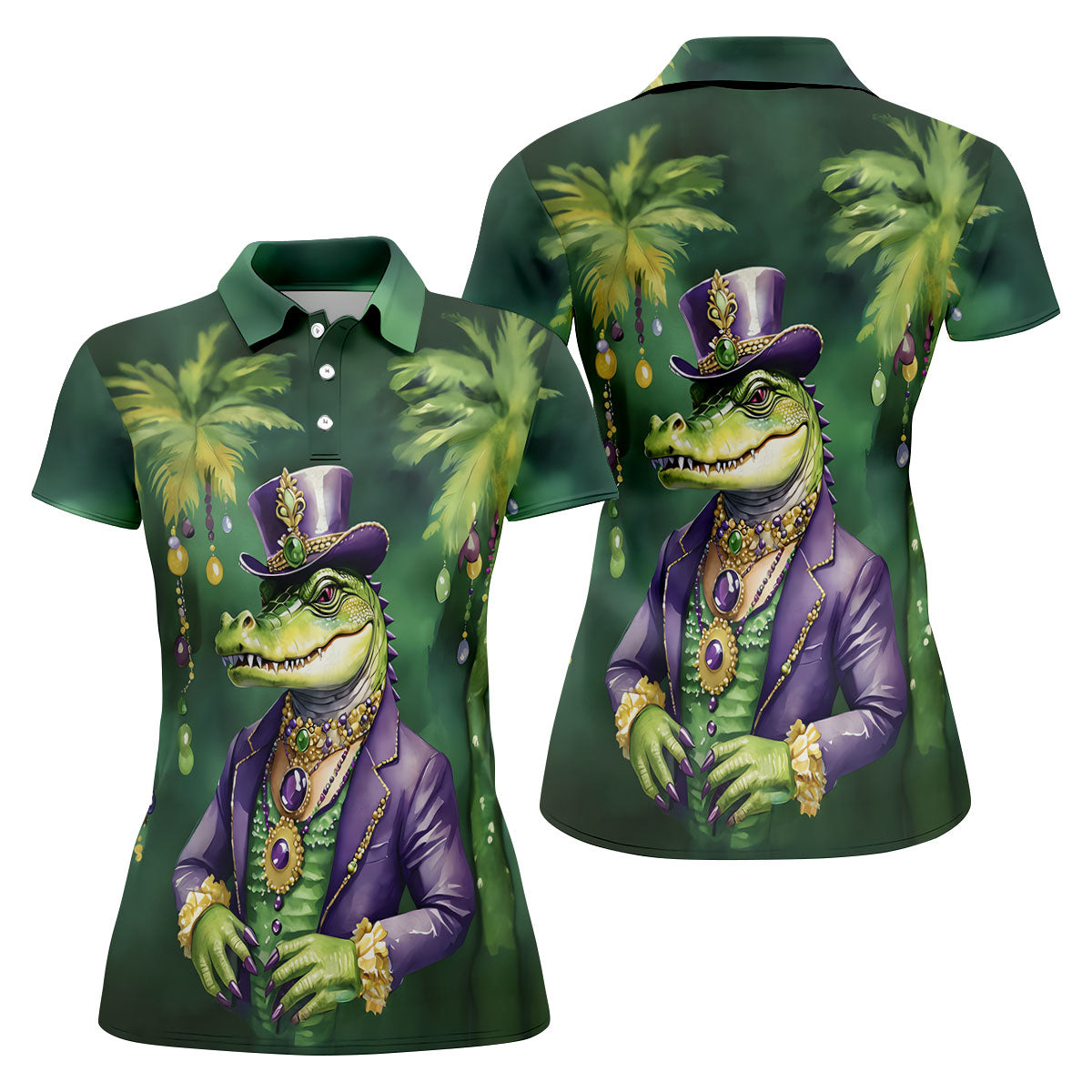 Mardi Gras Alligator Decorated Palm Tree Print Golf Shirt, Women's Golf Tops, Ladies Golf Shirt