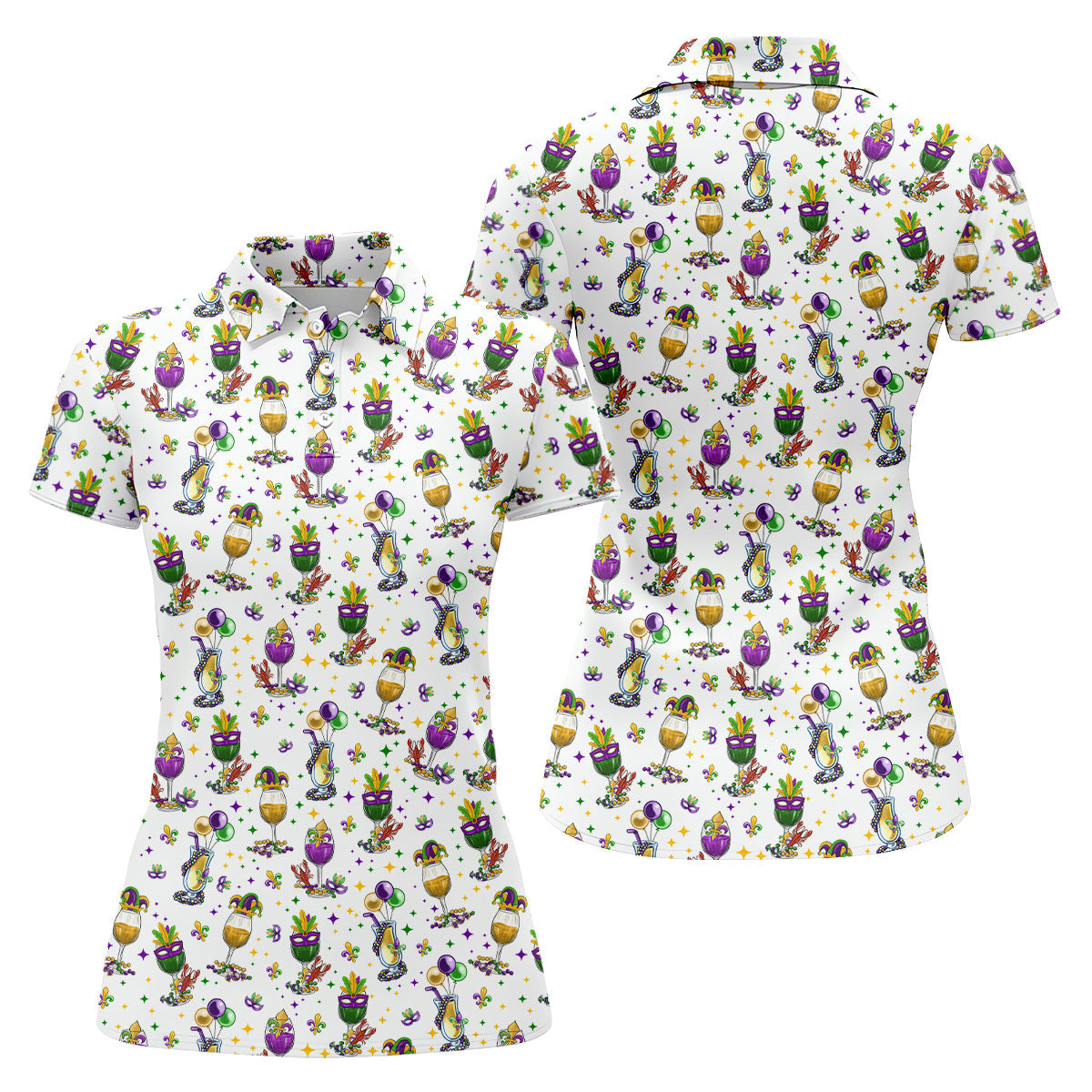 Mardi Gras Wine Glass Beaded Garland Fleur De Lis White Golf Shirt, Women's Golf Tops, Ladies Golf Polos