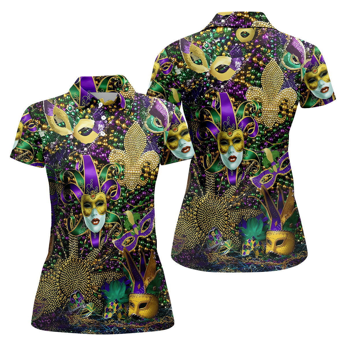 Jester Mask Purple Green Gold Fleur De Lis Beads Mardi Gras Golf Shirt, Women's Golf Tops, Ladies Golf Shirt