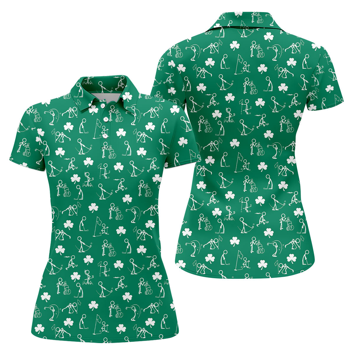 Stick Figure Golf Pose St Patrick's Day Shamrock Green Golf Shirt, Women's Golf Tops, Ladies Golf Polos