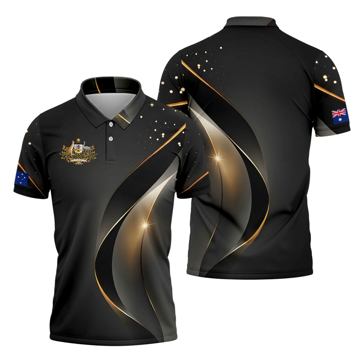 Australian Coat Of Arms Black And Gold Gradient Golf Tops For Men, Polo Shirts For Men