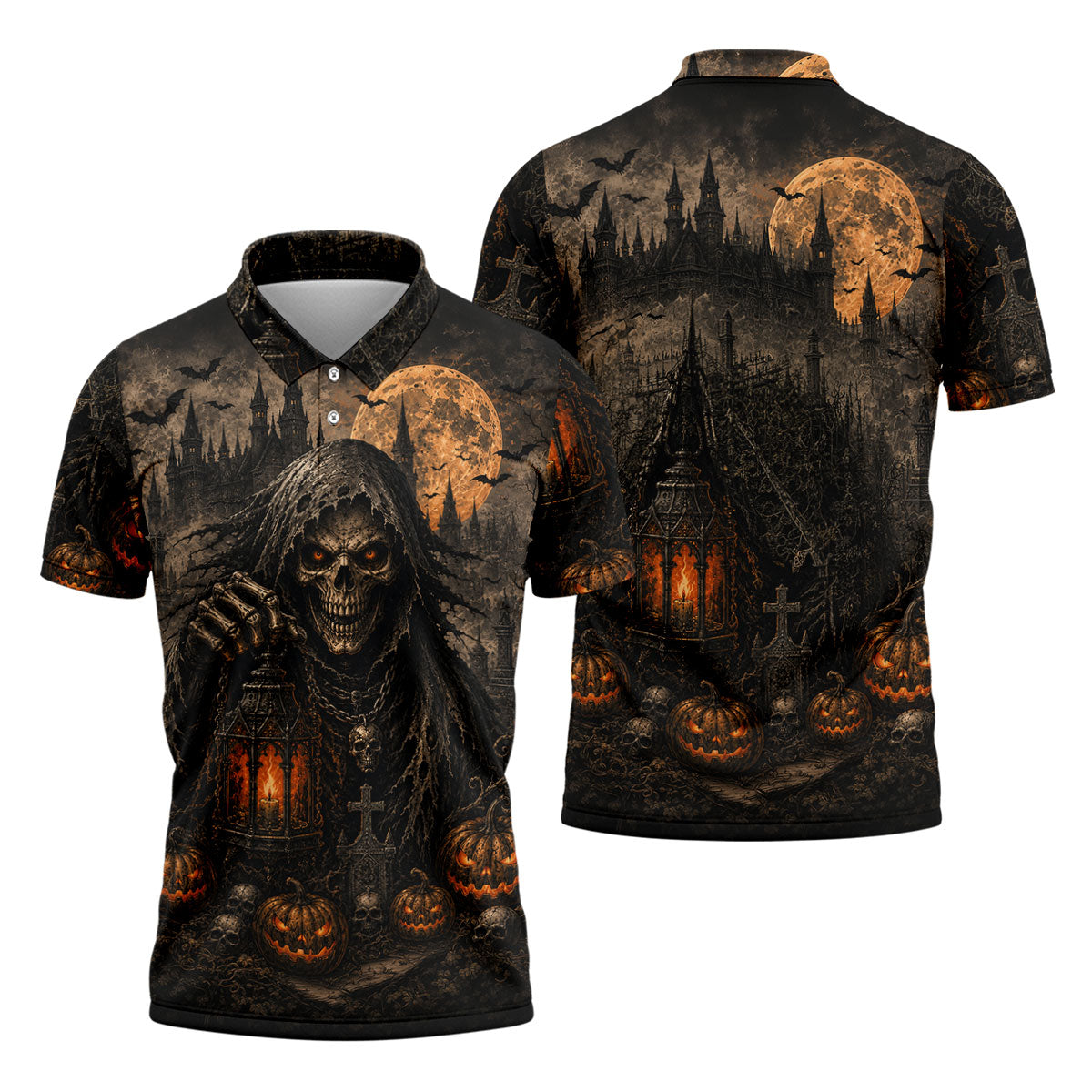 Grim Reaper Lantern Halloween Horror Character Polo Shirt, Mens Golf Polo, Mens Golf Apparel