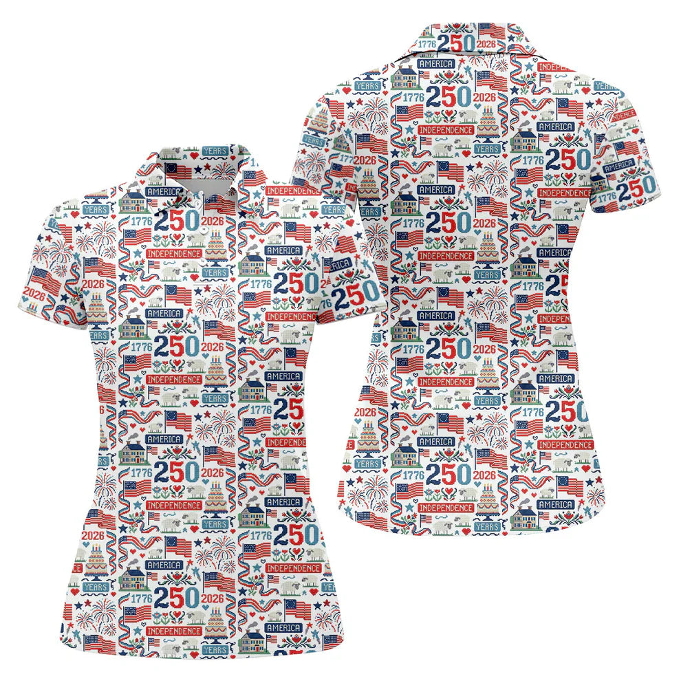 America Independence 250 Years White Golf Shirt, Patriotic 4th Of July Golf Shirt For Women
