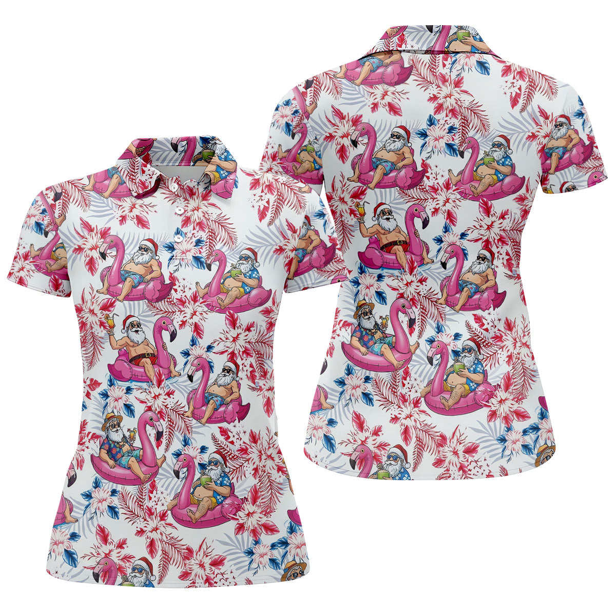 Funny Tropical Santa Flamingo Christmas Polo Shirt, Womens Golf Polo, Hawaiian Golf Shirt