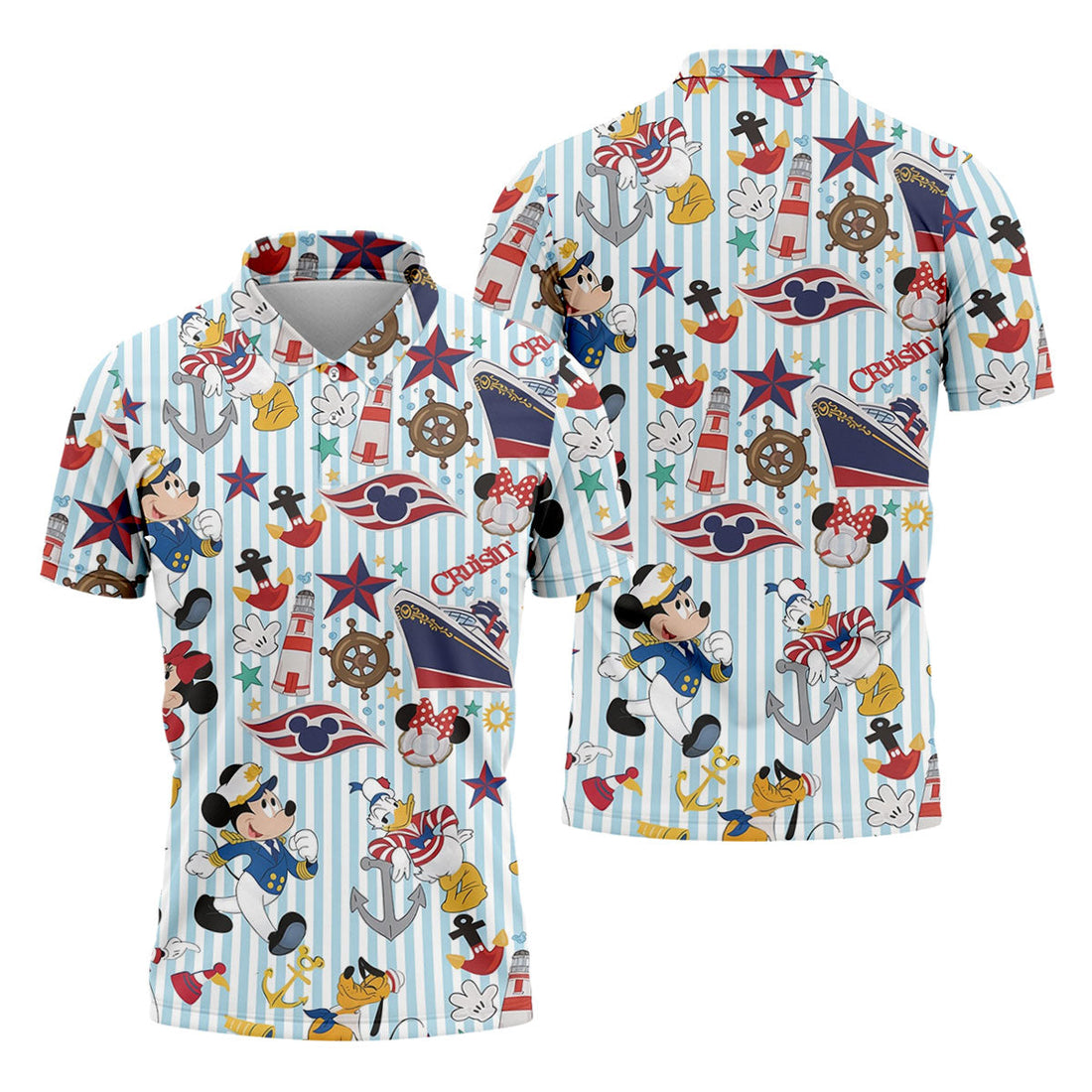 Nautical Cruise Cartoon Pattern Golf Polo Shirt, Golf Shirts For Men, Mens Golf Polo