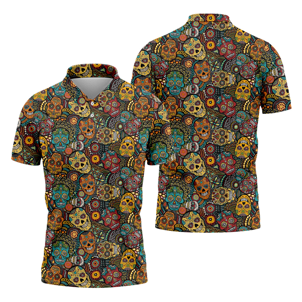 Colorful Sugar Skull Halloween Polo Shirt, Golf Shirts For Men, Golf Apparel For Men