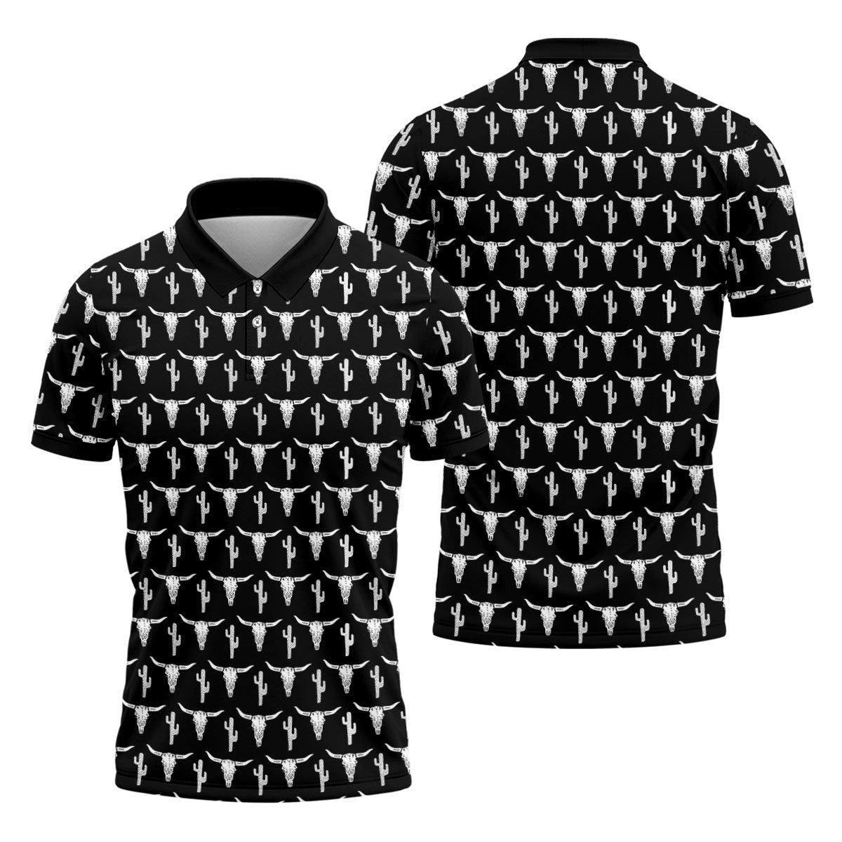 Longhorn Cow Skull Western Theme Black Golf Tops For Men, Polo ShirtFor Men, Golf Shirts For Men