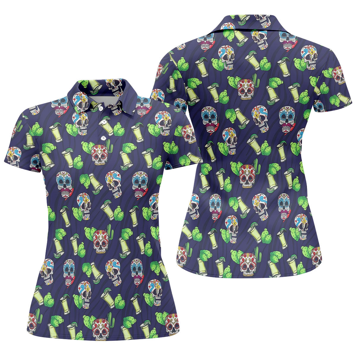 Day Of The Dead Sugar Skull Cactus Polo Shirt, Womens Golf Polo, Hawaiian Golf Shirt