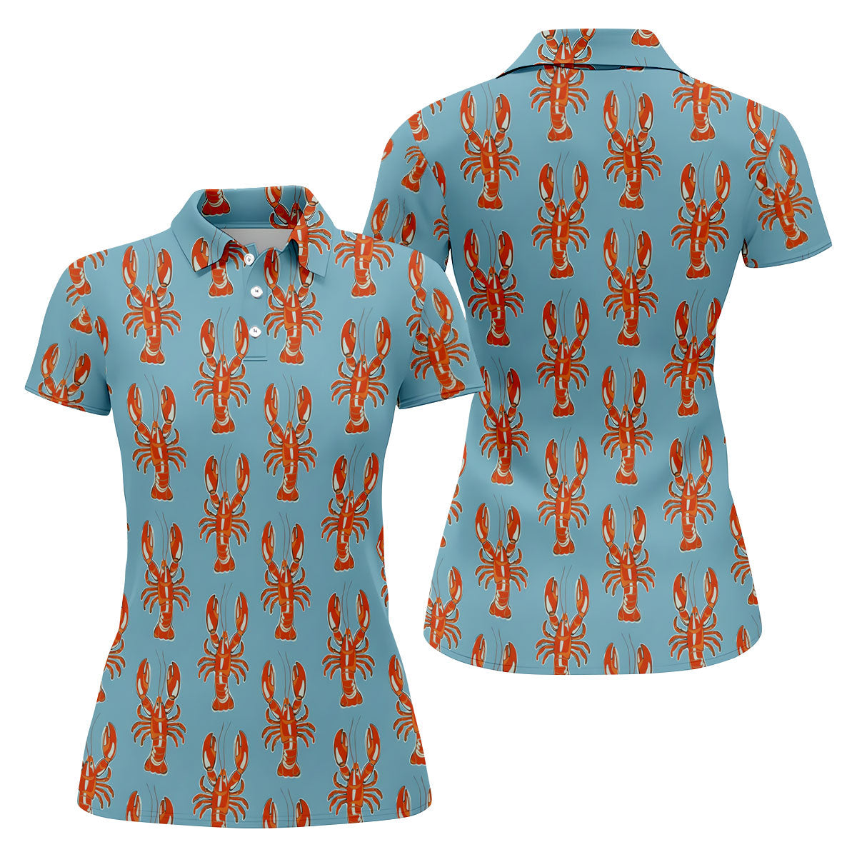 Orange Lobsters Light Blue Mardi Gras Golf Shirt, Women's Golf Shirts, Women's Golf Tops, Ladies Golf Shirts