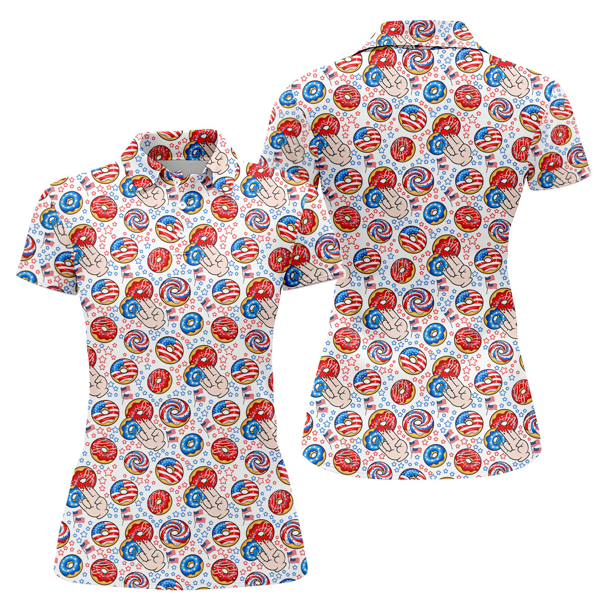Donut Finger Funny Dirty American Flag Pattern White Women Golf Top, 250th Anniversary Patriotic Golf Shirt
