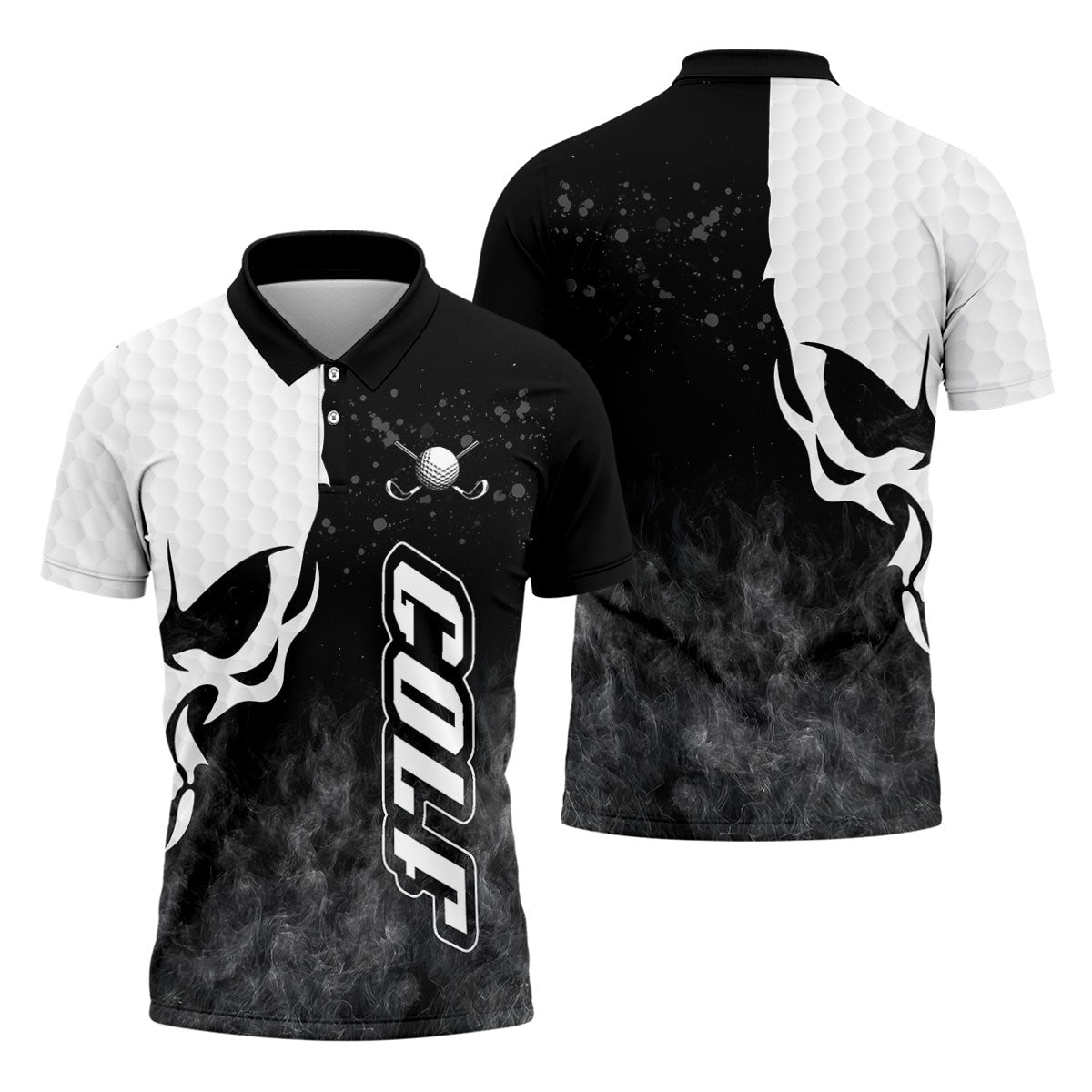 Monochrome Skull Golf Ball Graphic Golf Shirt, Mens Golf Polo, Printed Golf Shirts