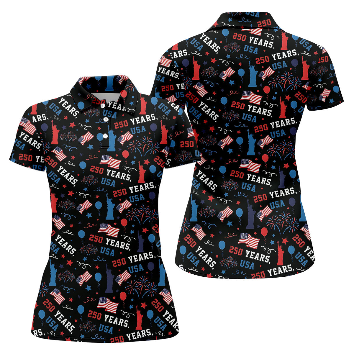 250 Years USA Red White Blue Seamless Pattern Black Golf Shirt, Patriotic 4th Of July Golf Shirt For Women