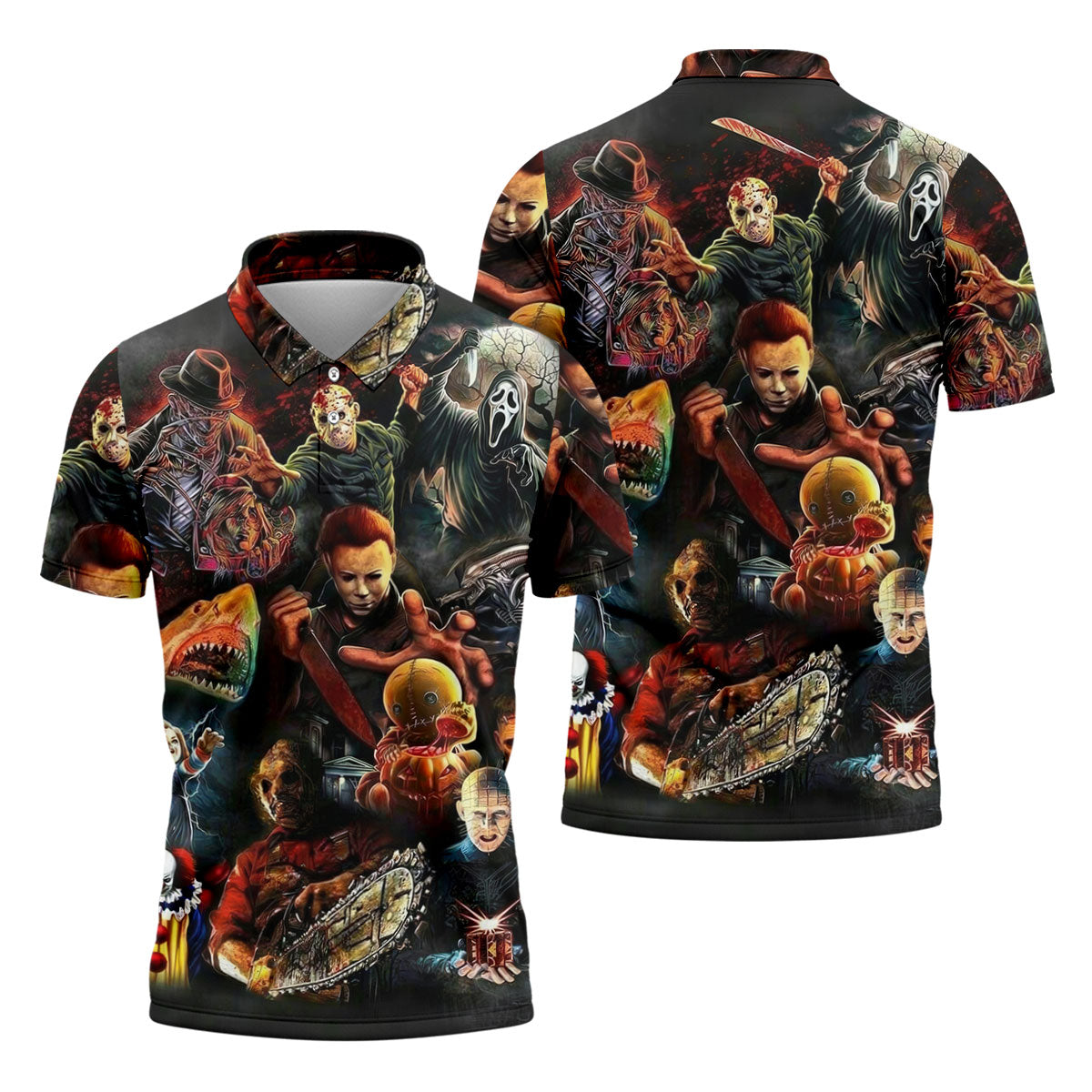 Halloween Horror Character Collage Golf Shirt, Men's Golf Shirt, Hawaiian Golf Shirt