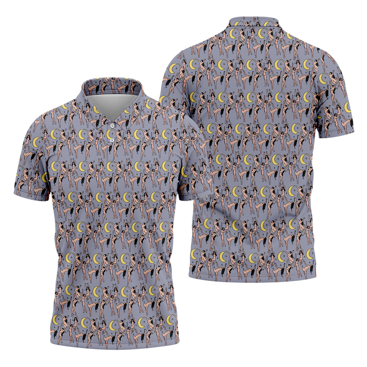 Dancing Figures Moon And Stars Pattern Polo Shirt, Mens Golf Shirts, Golf Apparel For Men
