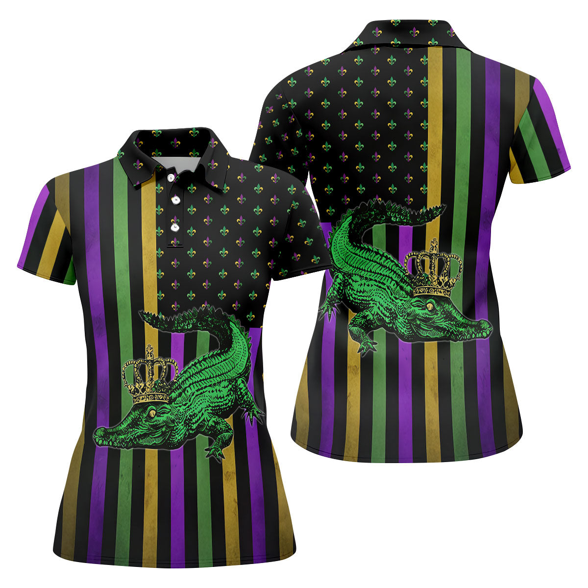 Mardi Gras Aligator Purple Green Gold Vertical Stripes Fleur De Lis Women's Golf Tops, Ladies Golf Shirt