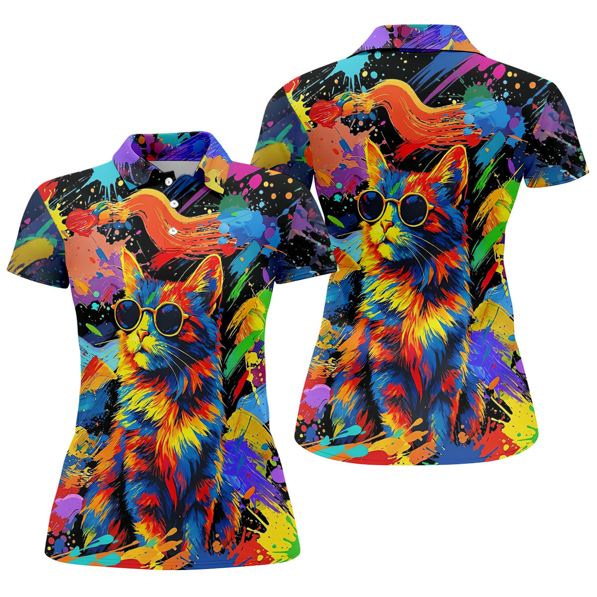 Colorful Cat Sunglasses Paint Splash Golf Shirt, Women's Golf Tops, Performance Golf Shirt