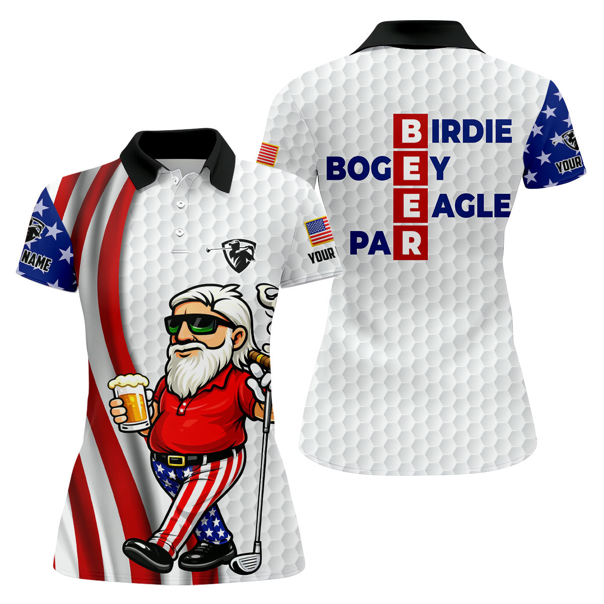 Patriotic Man Golf And Beer Funny 4th Of July White Golf Shirt, 250 Years Of America Women's Golf Tops