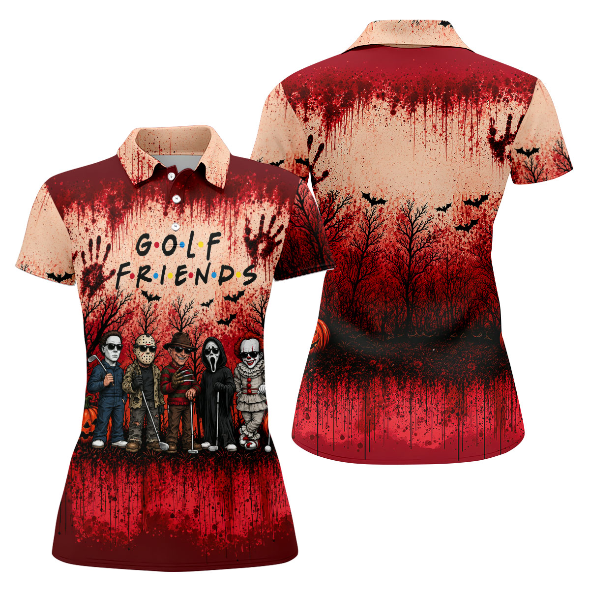 Golf Friends Halloween Horror Character Group Polo Shirt, Women's Golf Polo, Golf Apparel