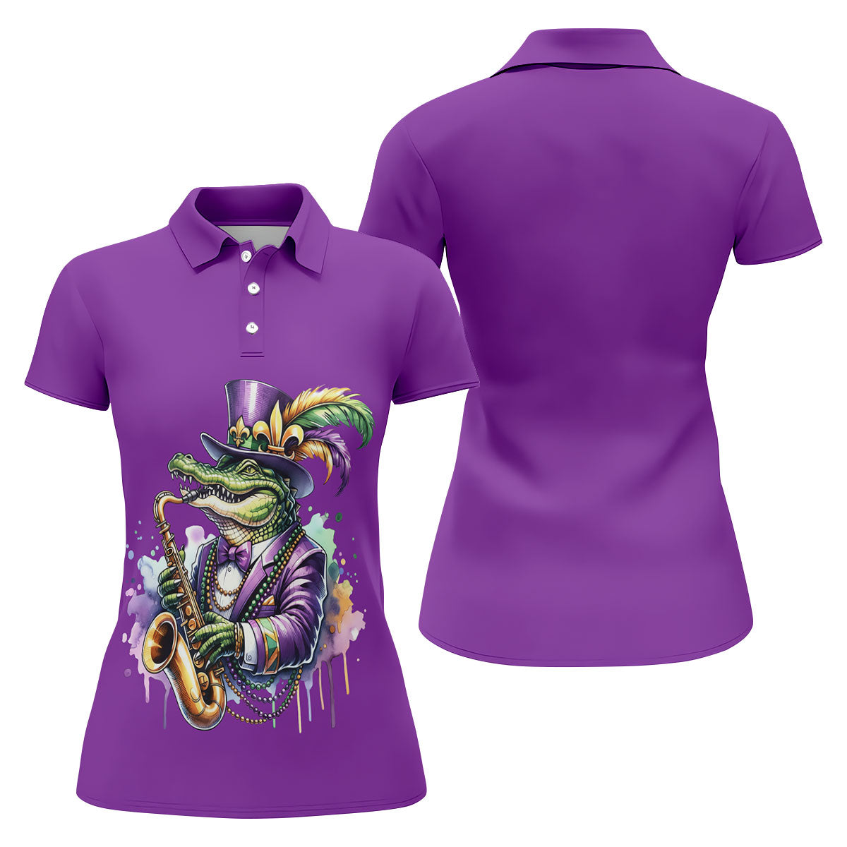 Mardi Gras Alligator Playing Saxophone Purple Golf Shirt, Women's Golf Tops, Ladies Golf Shirt
