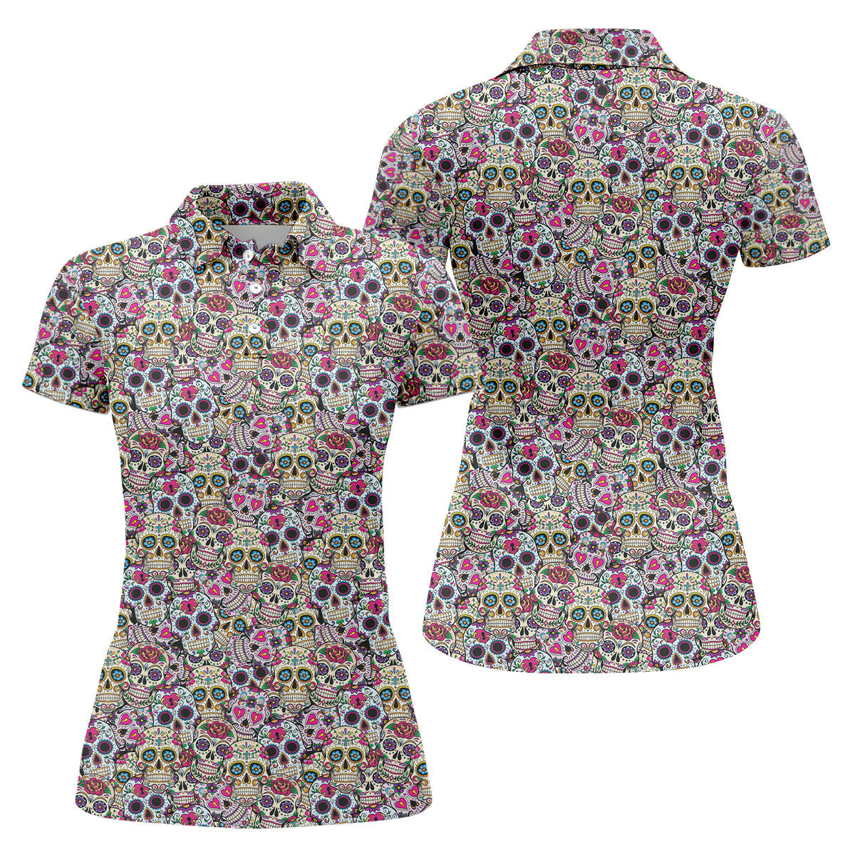 Colorful Sugar Skull Floral Golf Polo Shirt, Golf Shirts For Women, Women’s Golf Polo