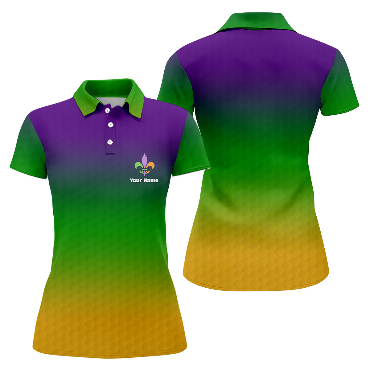 Mardi Gras Purple Gold Green Blended Color Golf Ball Pattern Women's Golf Tops, Women's Golf Shirts, Ladies Golf Polos