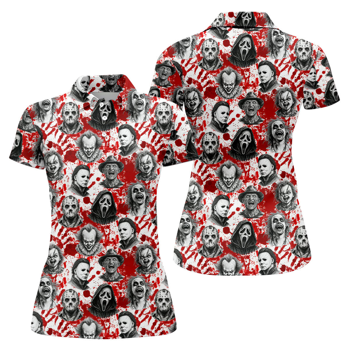 Halloween Horror Character Blood Splatter Polo Shirt, Womens Golf Tops, Women’s Golf Polo