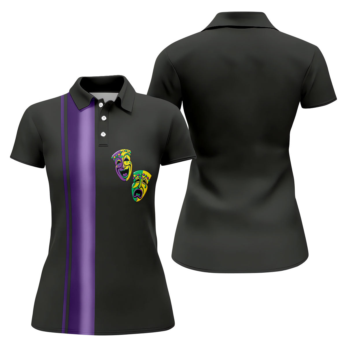 Melpomene And Thalia Theatrical Masks Purple Stripe Mardi Gras Golf Shirt, Women's Golf Tops, Ladies Golf Shirt