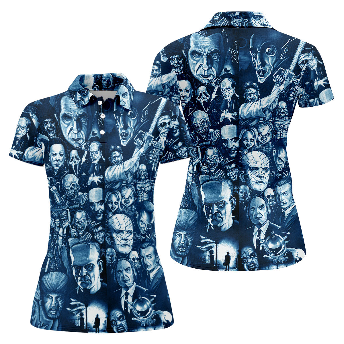 Horror Character Collage Halloween Polo Shirt, Printed Golf Shirt, Golf Tops For Women