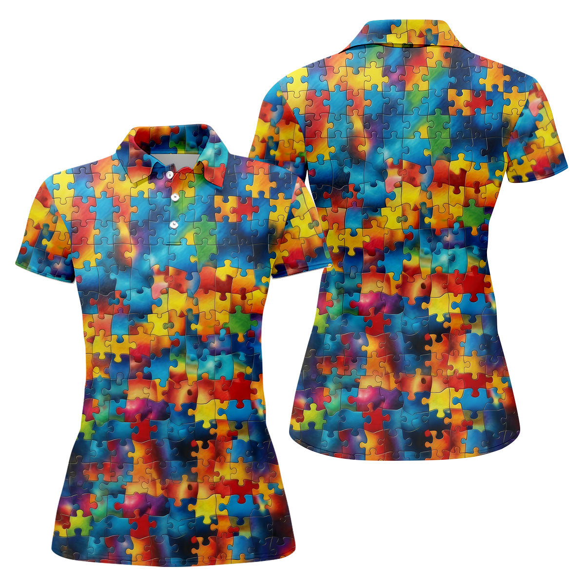 Autism Awareness Rainbow Gradient Puzzle Pattern Women's Golf Tops, Golf Shirt For Women, Ladies Golf Polos