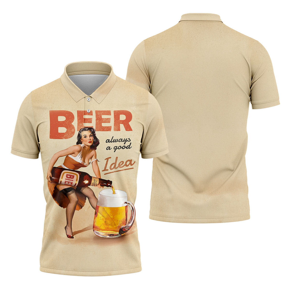 Vintage Beer Pin-Up Girl Design Hawaiian Golf Shirt, Golf Shirts For Men, Polo Shirts For Men