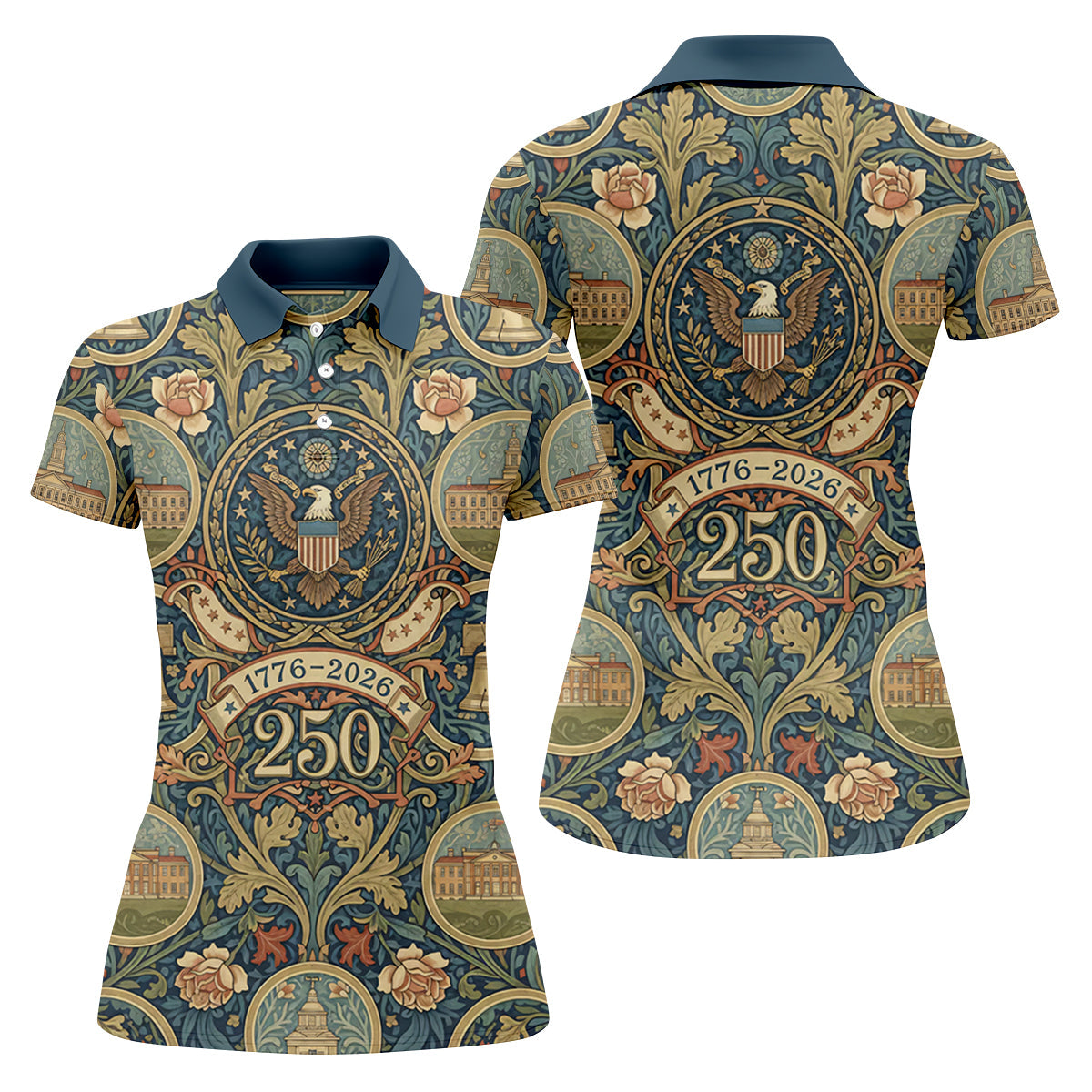 250th Anniversary Semiquincentennial American Landmarks Floral Golf Shirt, Golf Shirt For Women, Patriotic Golf Shirt