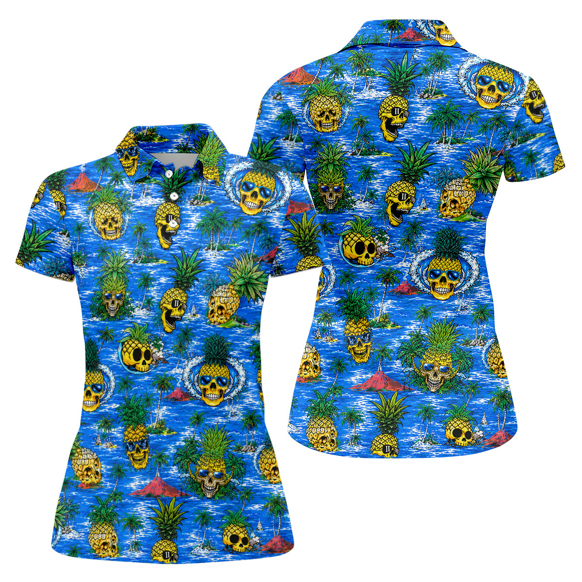 Pineapple Skull Island Ocean Hawaiian Golf Shirt, Hawaiian Golf Shirt, Golf Tops For Women