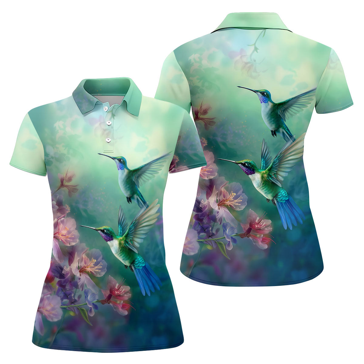 Hummingbird And Floral Garden Polo Shirt, Womens Golf Tops, Golf Shirts For Women
