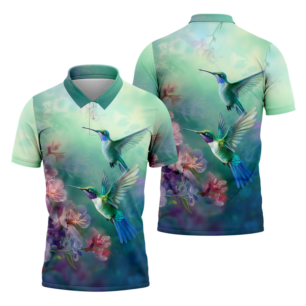 Hummingbird And Floral Garden Polo Shirt, Mens Golf Shirts, Golf Polo Shirts For Men