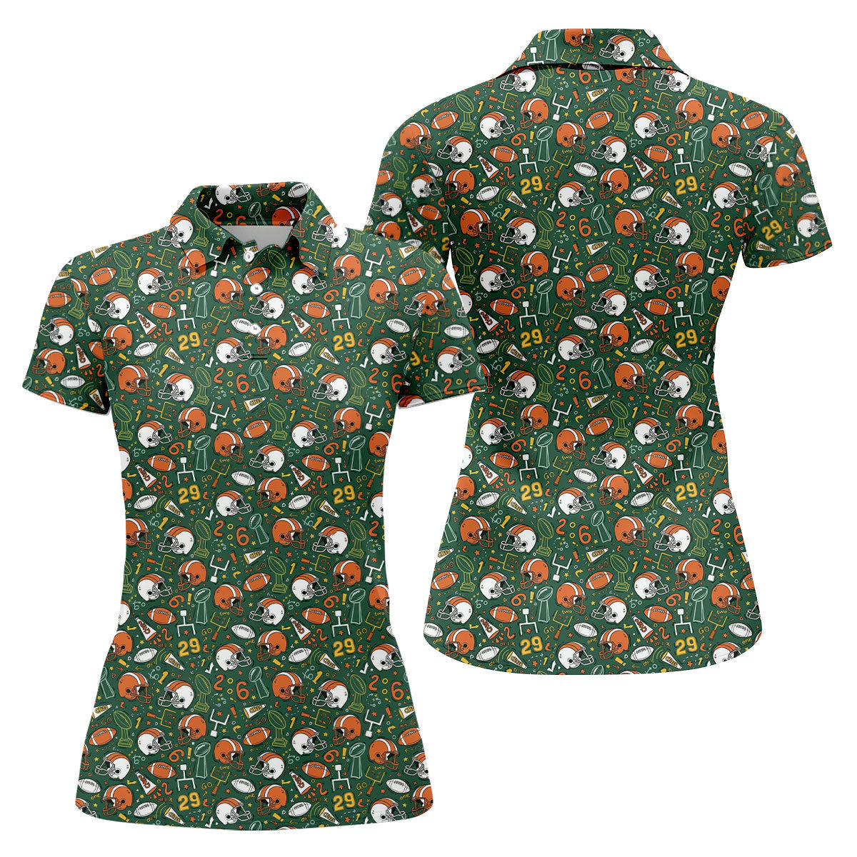 Orange And White Football Helmet Trophy Pattern Game Day Football Theme Women's Green Polo Shirts