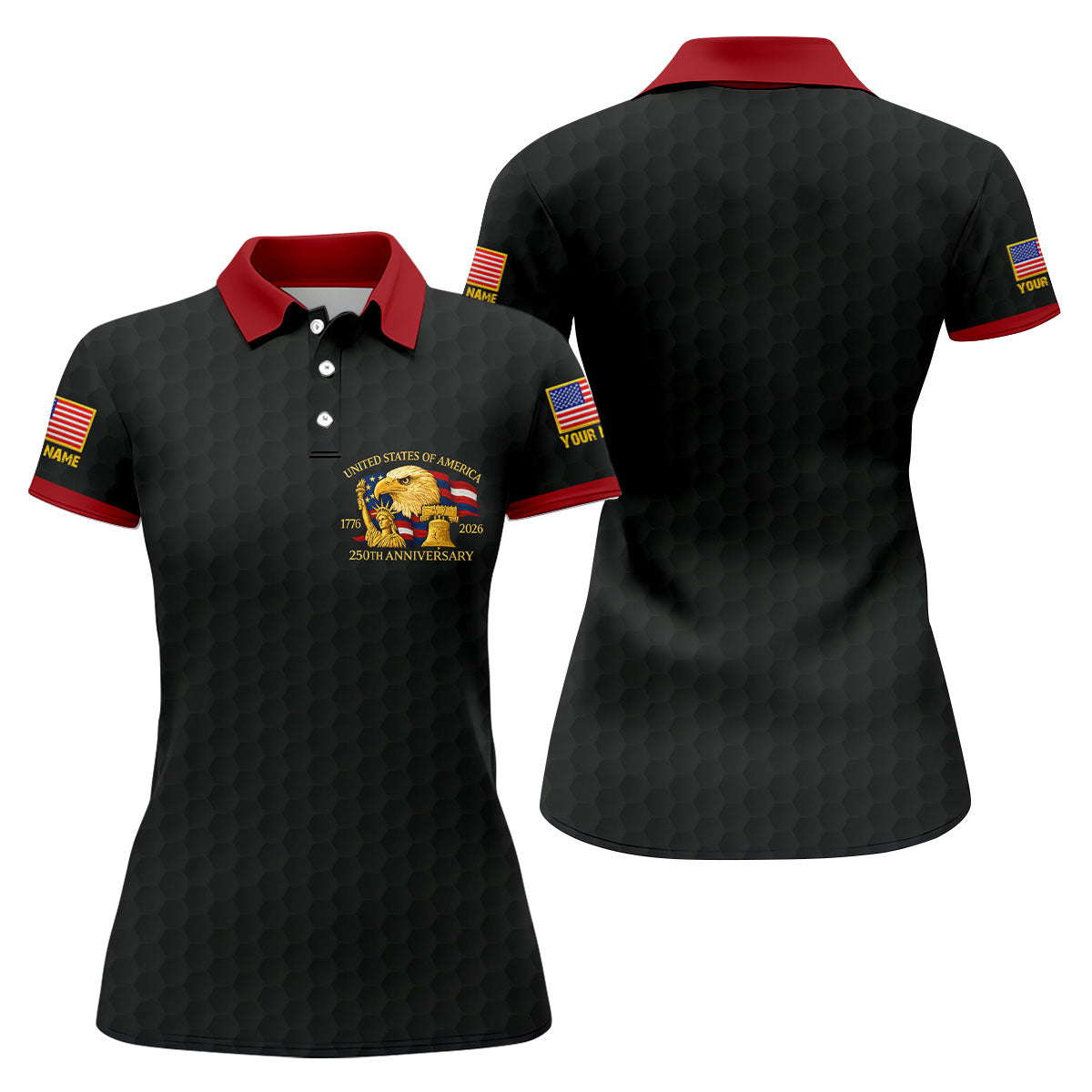 United States 250th Anniversary Patriotic Eagle Black Custom Golf Shirts, 4th Of July Golf Shirt For Women