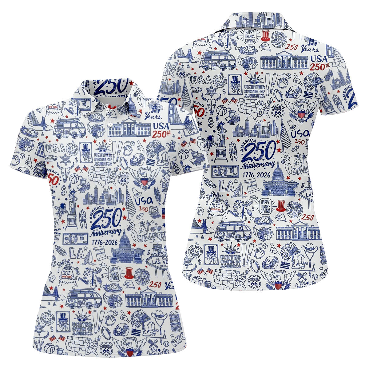 America 250 Anniversary US Symbols Doodle Pattern Patriotic Golf Shirt, 4th Of July Golf Shirt For Women