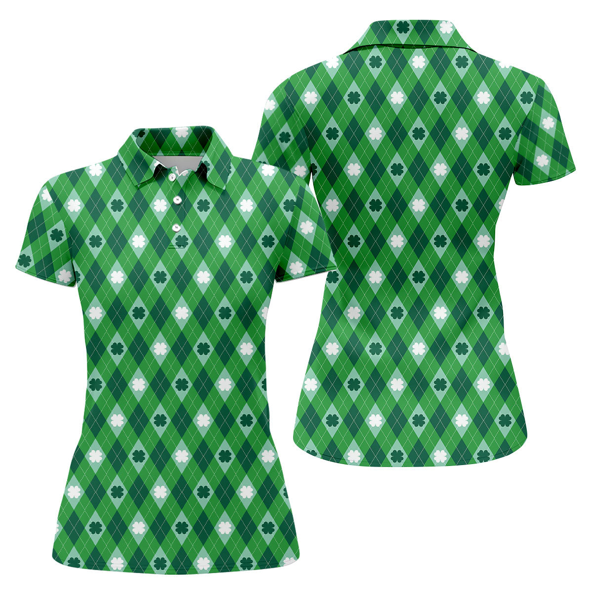 Green And White Lucky Four Leaf Clover Argyle Pattern St Patrick's Day Golf Shirt, Women's Golf Tops