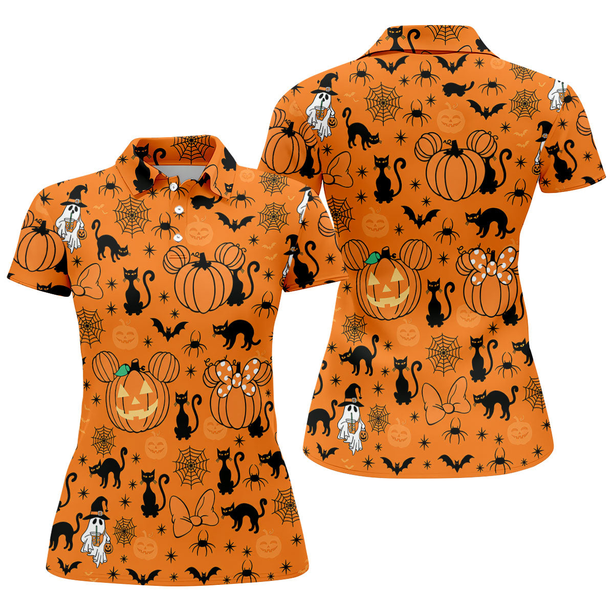 Black Cat and Pumpkin Halloween Polo Shirt, Golf Polo Apparel, Womens Golf Outfit