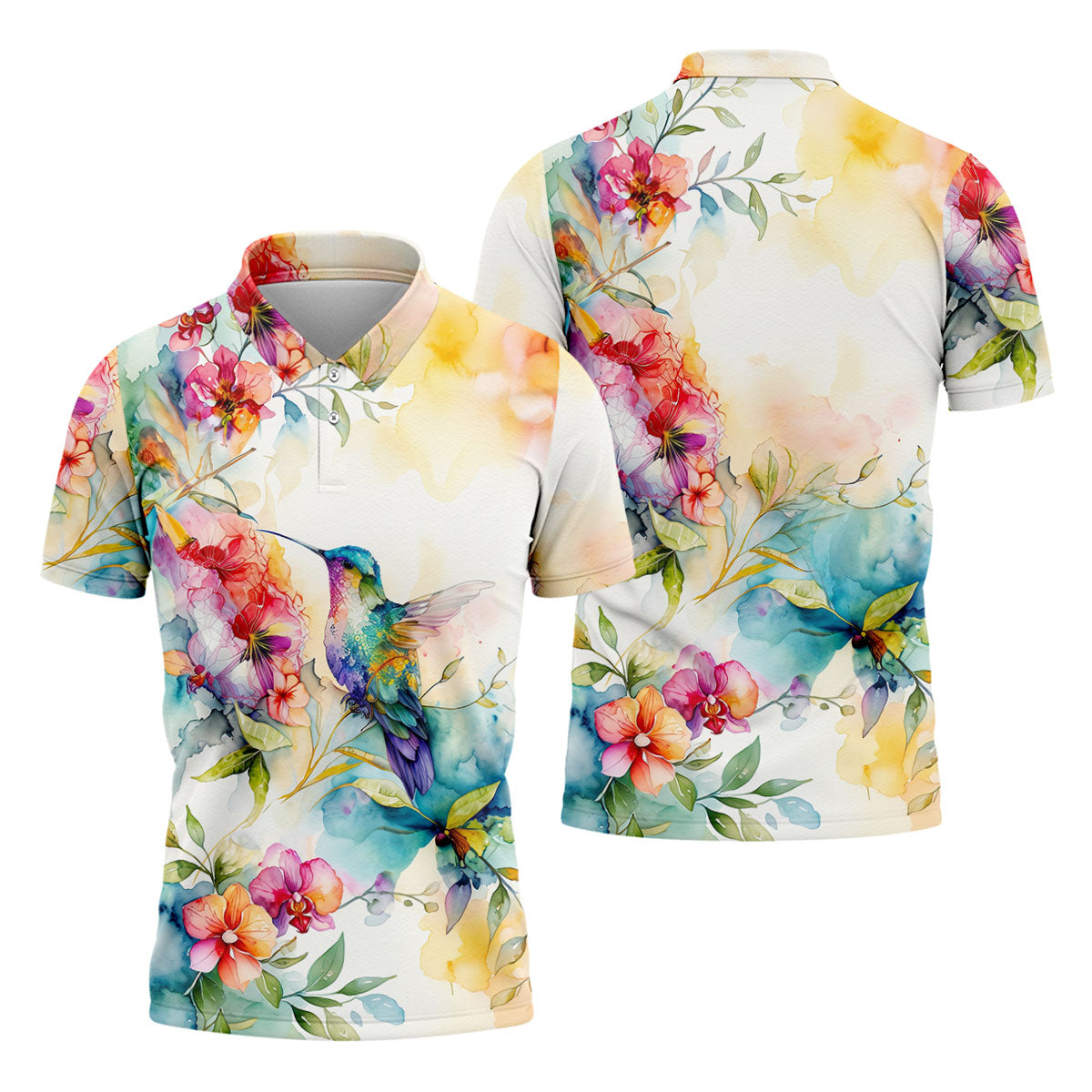 Watercolor Hummingbird Floral Polo Shirt, Men's Golf Shirt, Golf Apparel For Men