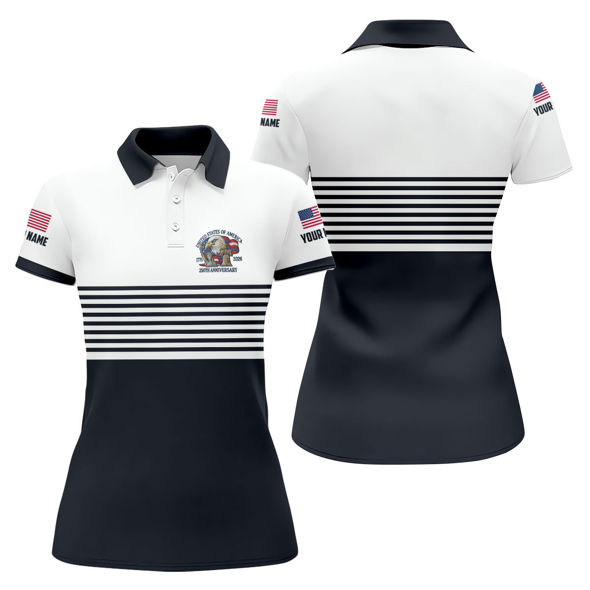 250th Anniversary Black Stripes Vintage Golf Shirt, Patriotic 4th Of July Golf Shirt For Women