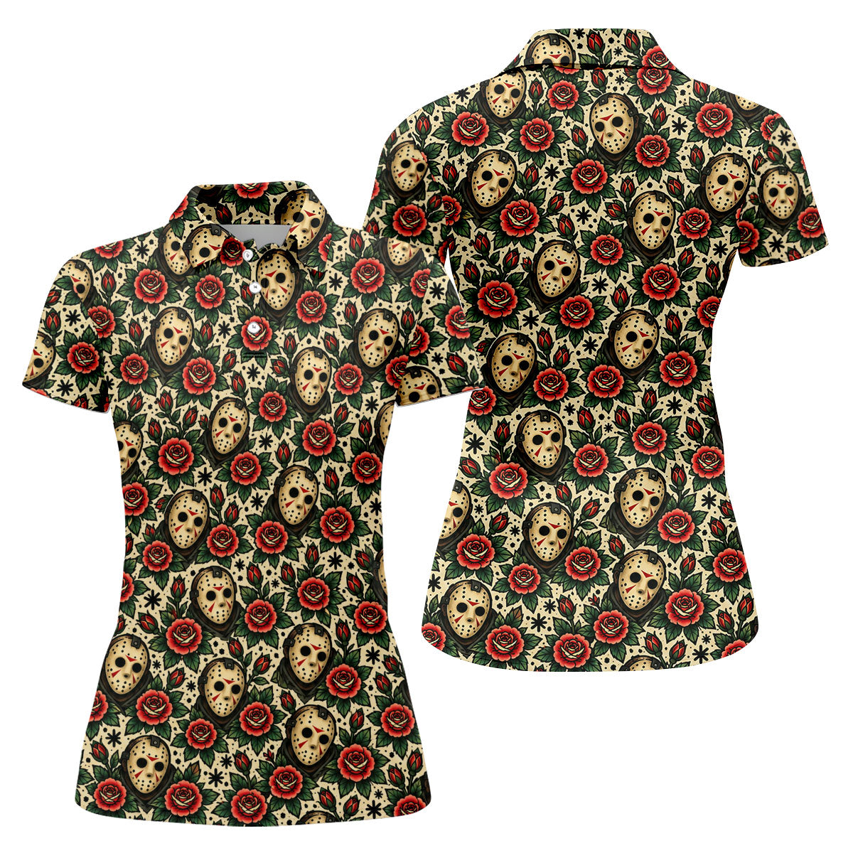 Rose Mask Halloween Horror Character Polo Shirt, Ladies Golf Shirts, Womens Golf Tops