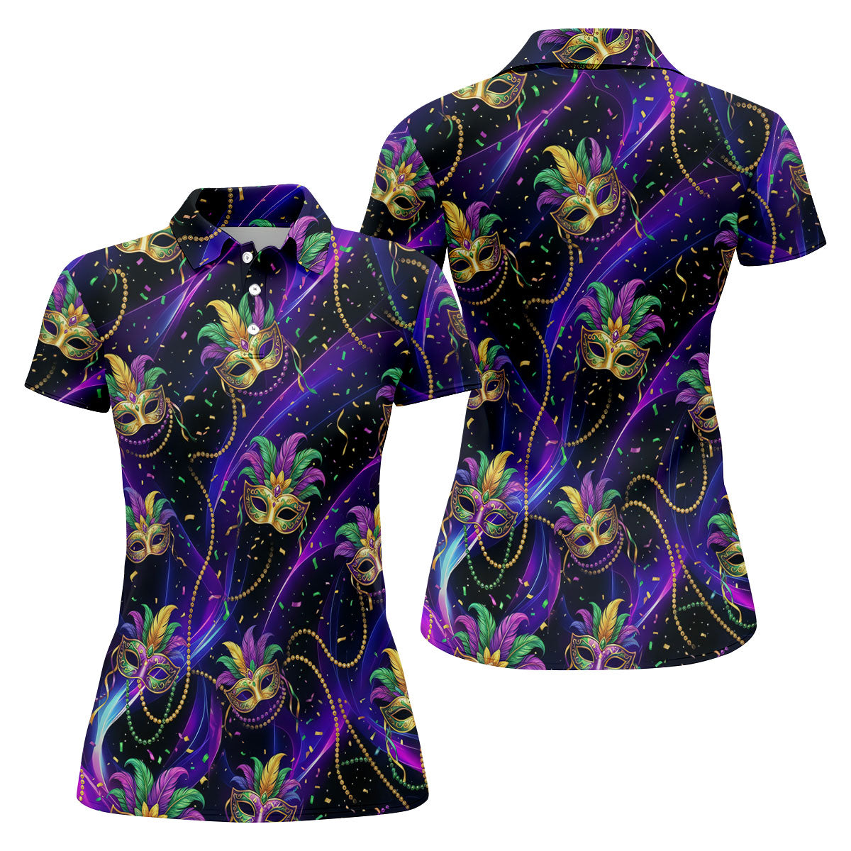 Mardi Gras Carnival Mask Neon Purple Black Golf Shirt, Women's Golf Tops, Ladies Golf Shirts