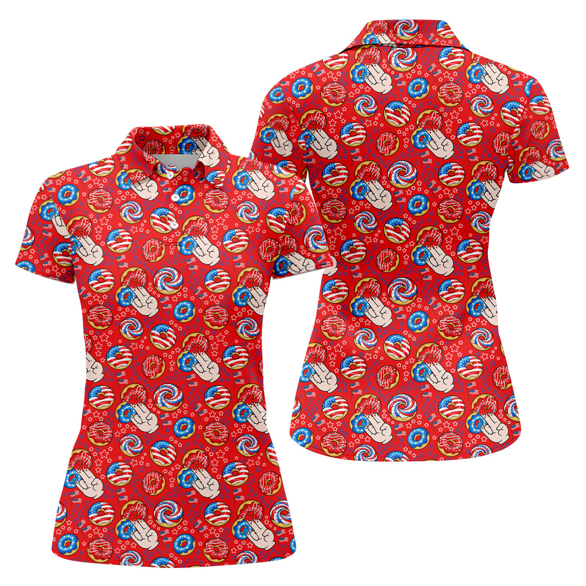 Donut Finger Funny Dirty American Flag Pattern Red Women Golf Top, 250th Anniversary Patriotic Golf Shirt