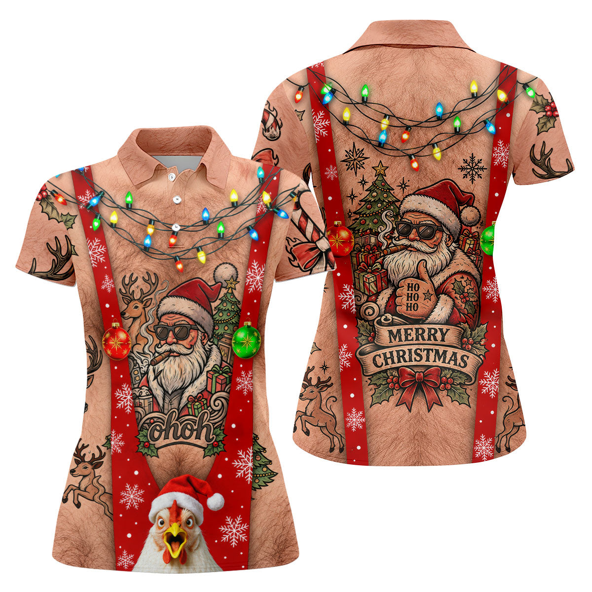 Funny Santa Suspenders Christmas Golf Polo Shirt, Women's Golf Tops, Golf Tops For Women