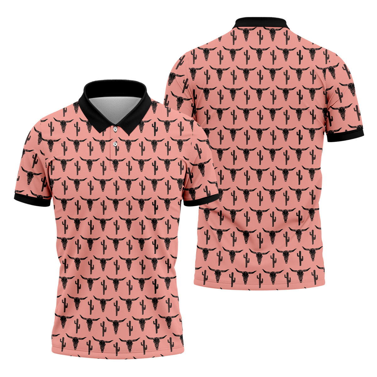 Longhorn Cow Skull Western Theme Peach Pink Golf Tops For Men, Polo ShirtFor Men, Golf Shirts For Men