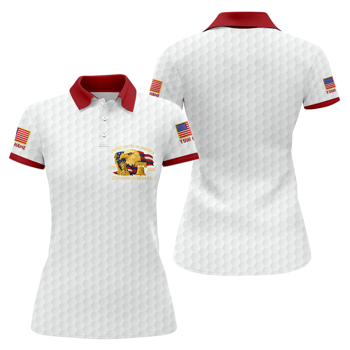 United States 250th Anniversary Patriotic Eagle White Custom Golf Shirts, 4th Of July Golf Shirt For Women