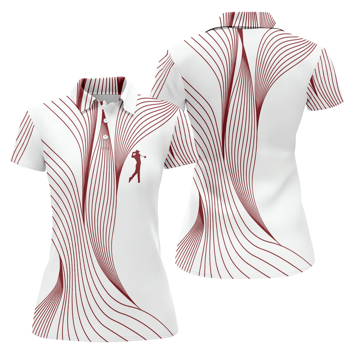 Geometric Line Wavy Line Maroon And White Women's Golf Tops, Ladies Golf Shirts, Women's Polo Shirt