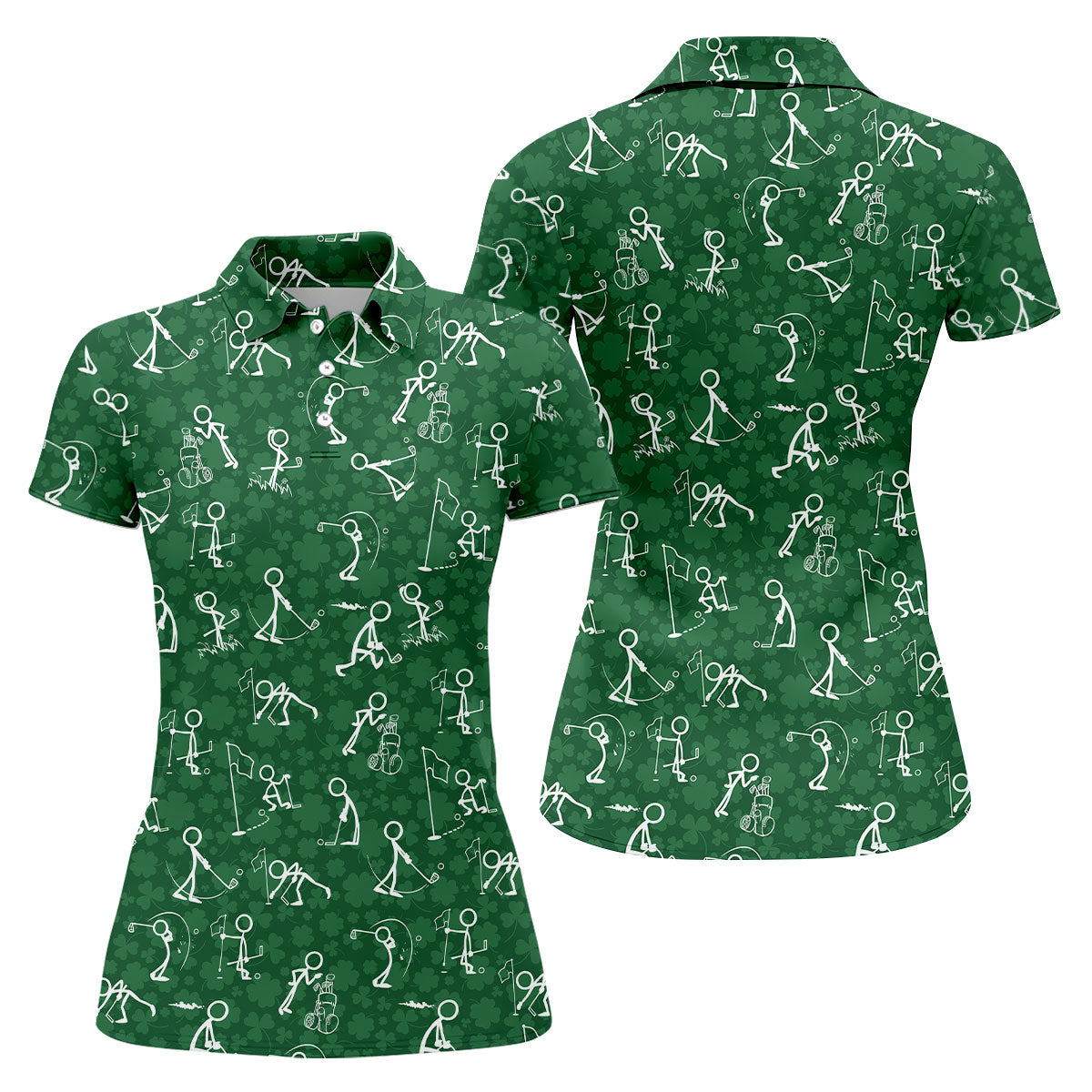 Stick Figure Golf Pose Shamrock Golf Shirt, St Patrick's Day Ladies Golf Polos, Golf Shirt For Women