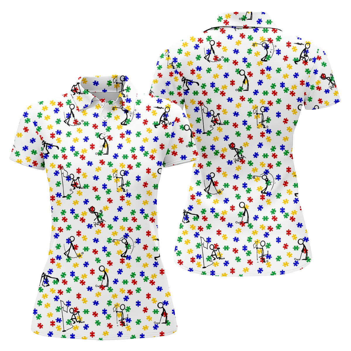 Funny Stick Figure Autism Puzzle Polo Shirts For Women, Autism Awareness Golf Shirt, Ladies Golf Shirt